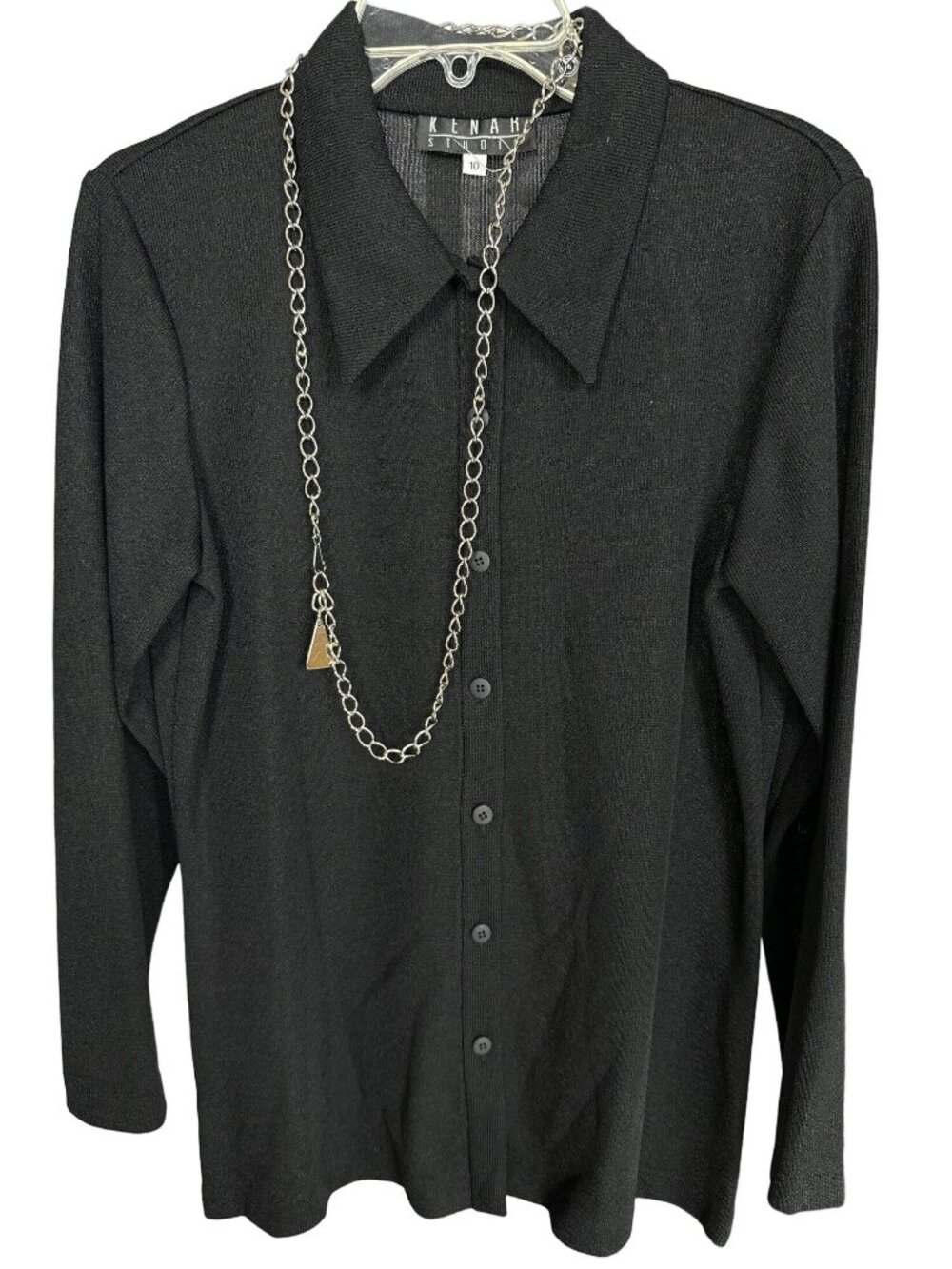 Vtg Kenar Studio Size 10 womens Black Button Front Blouse Top with Necklace New